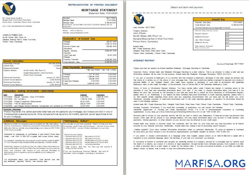 Printable Cambodia Acleda bank mortgage statement, 3 pages, 1 2 scr real example